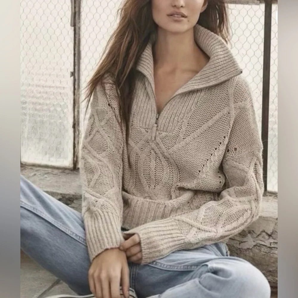 Skull Cashmere Womens Taupe Cable Knit Quarter Zip Sweater Beige Small RN129671